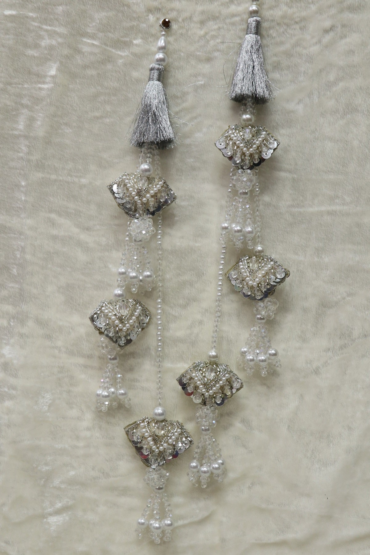 Silver Zari Thread Lehenga Latkans Handworked With Pearls,Sequins & Crystals