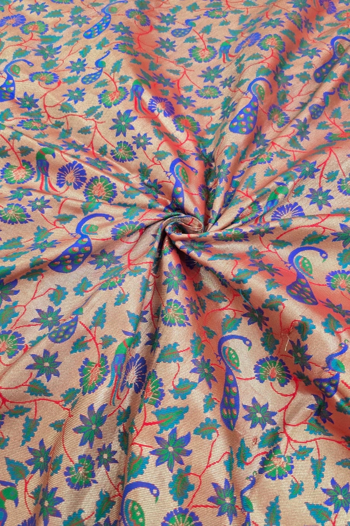 Red Gold Zari Woven With Mor Popat & All Over Floral Jaal Pithani Fabric