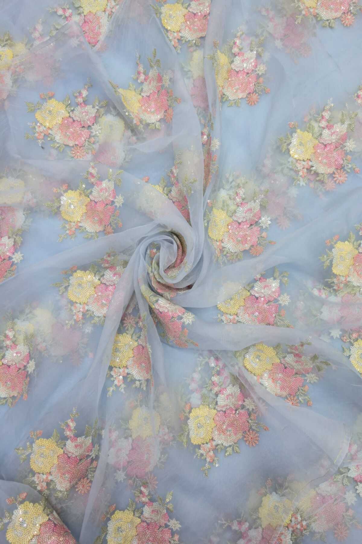 Sequin Trillium Floral Embroidered Pure Organza Fabric