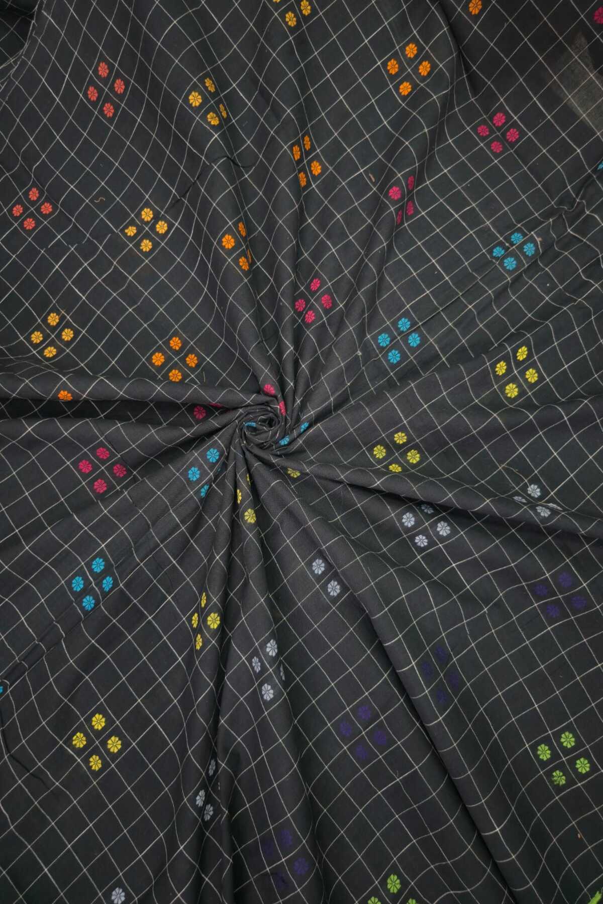 Meenakari Flower Butties On One Inch Checked Pure Cotton Fabric