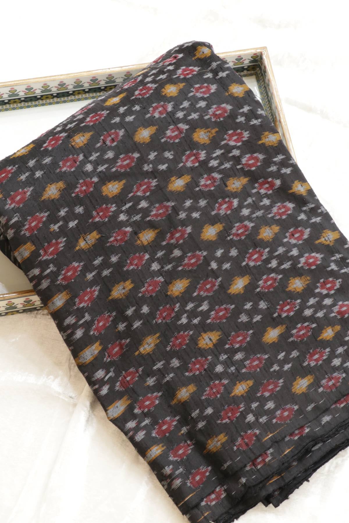 Black Pure Rawsilk Ikkat Hand Woven  Fabric