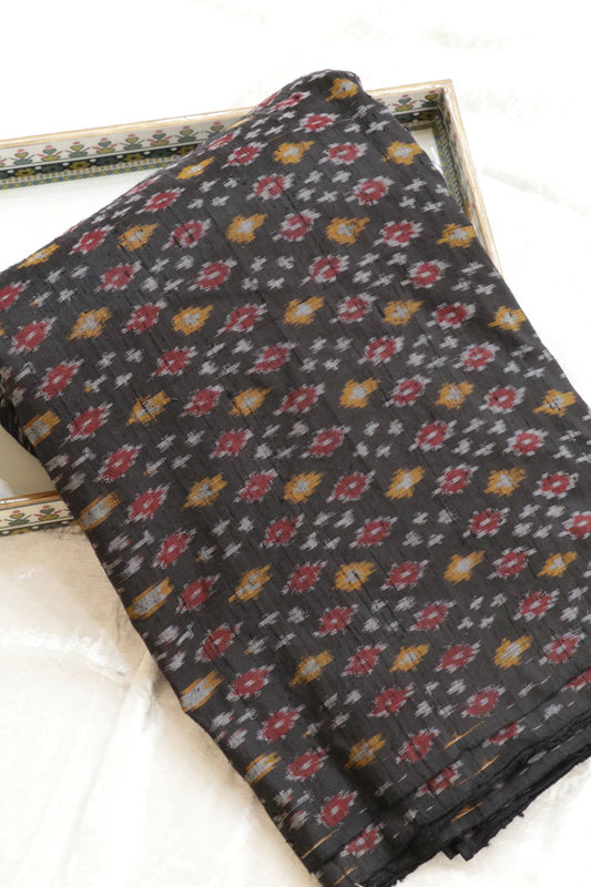 Black Pure Rawsilk Ikkat Hand Woven  Fabric