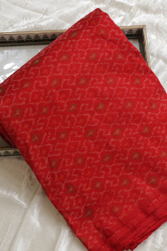 Red Pure Rawsilk Ikkat Hand Woven  Fabric