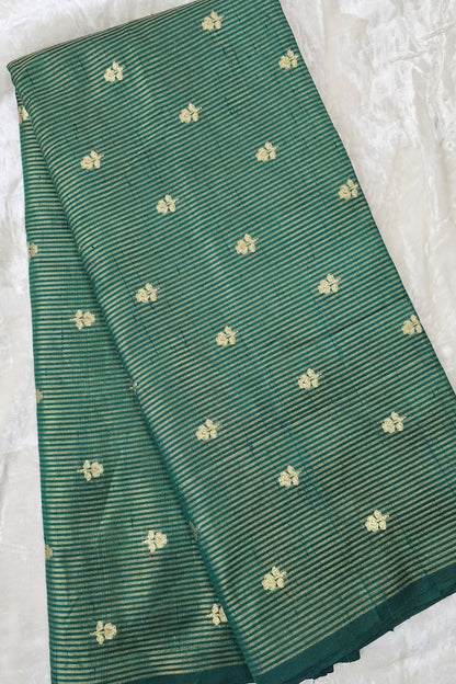 Zari Woven Lines With Motifs On Pure Banaras Raw Silk Fabric