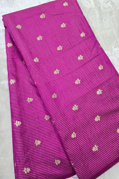 Zari Woven Lines With Motifs On Pure Banaras Raw Silk Fabric