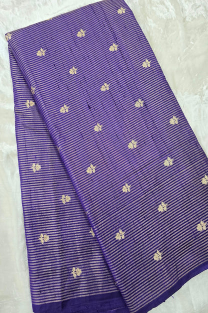 Zari Woven Lines With Motifs On Pure Banaras Raw Silk Fabric