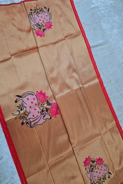 Pitchwai Inspired Cow & Floral Paithani Woven Blouse Fabric (1 Mtr Cut)