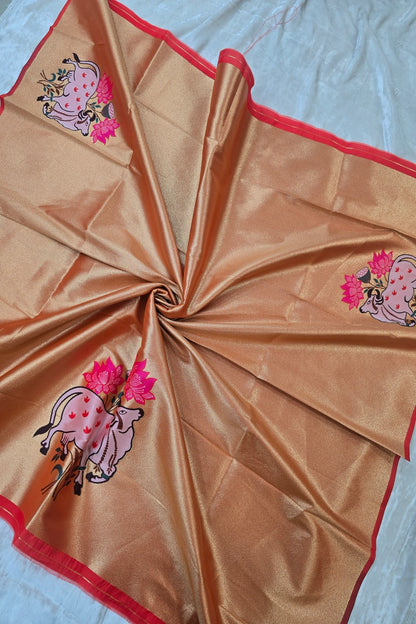 Pitchwai Inspired Cow & Floral Paithani Woven Blouse Fabric (1 Mtr Cut)