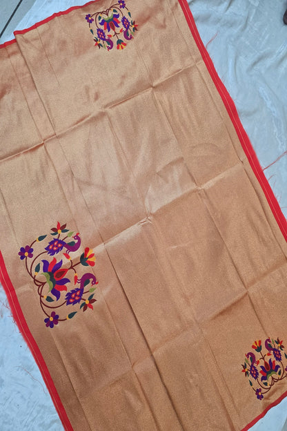 Peacock & Lotus Floral Bunch Paithani Woven Blouse Fabric (1 Mtr Cut)