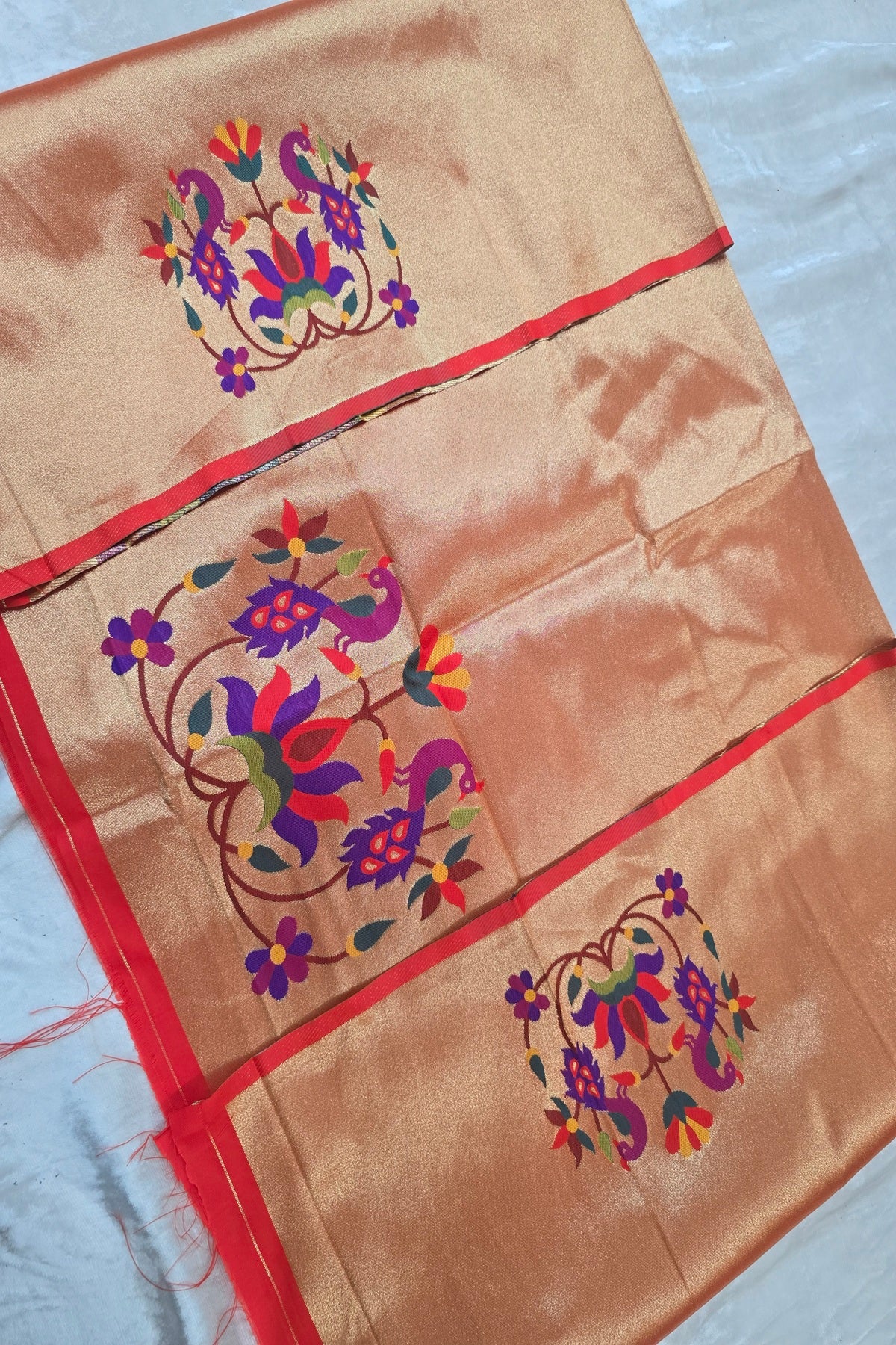 Peacock & Lotus Floral Bunch Paithani Woven Blouse Fabric (1 Mtr Cut)