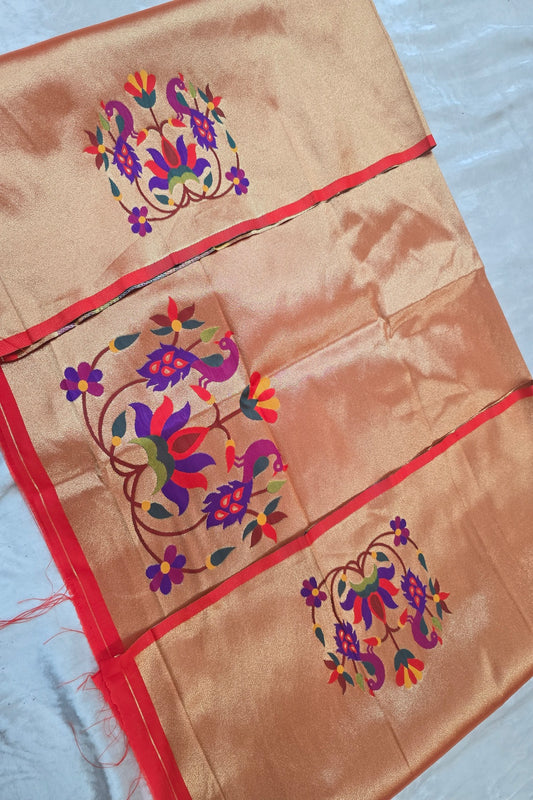 Peacock & Lotus Floral Bunch Paithani Woven Blouse Fabric (1 Mtr Cut)