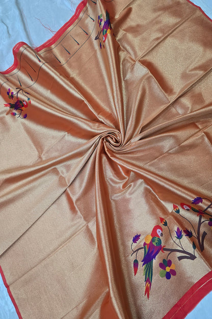 Parrot Floral Bunch Paithani Woven With Single Muniya Border Blouse Fabric (1 Mtr Cut)