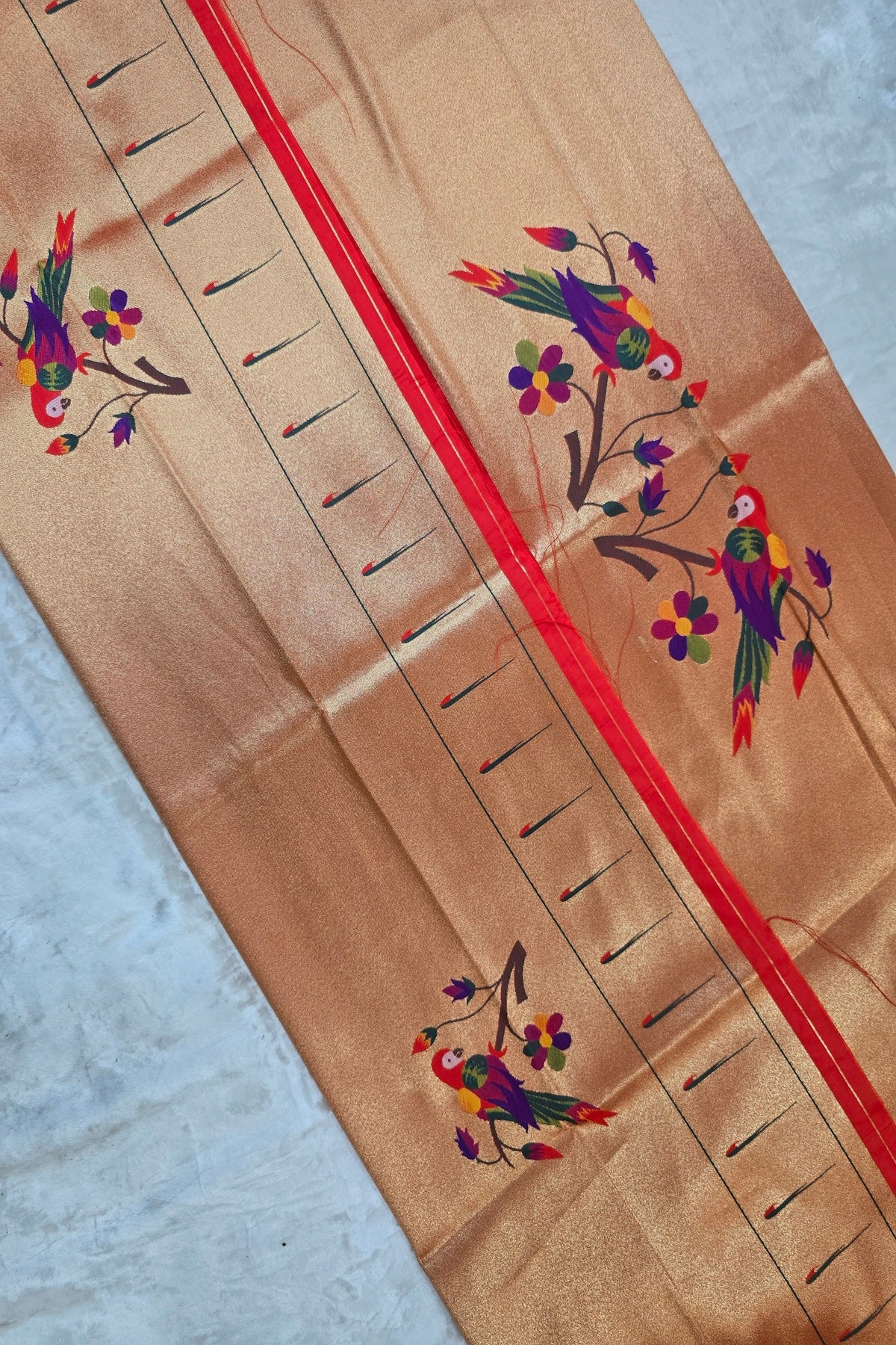 Parrot Floral Bunch Paithani Woven With Single Muniya Border Blouse Fabric (1 Mtr Cut)