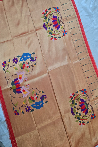 Peacock, Swan & Lotus Floral Bunch Paithani Woven With Single Muniya Blouse Fabric (1 Mtr Cut)