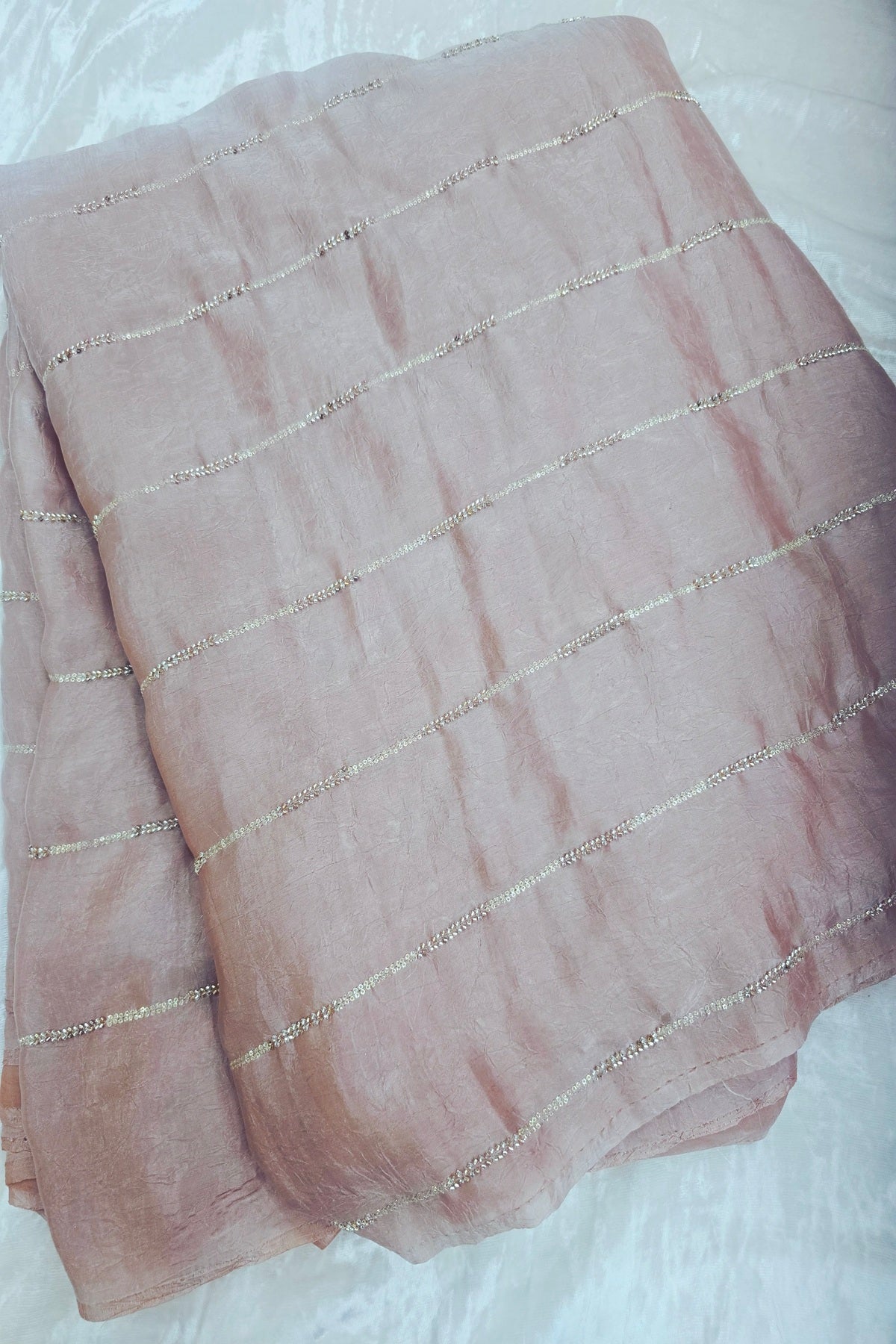Cut Beads & Sequins Horizontal Lines Embroidered Space Silk Fabric