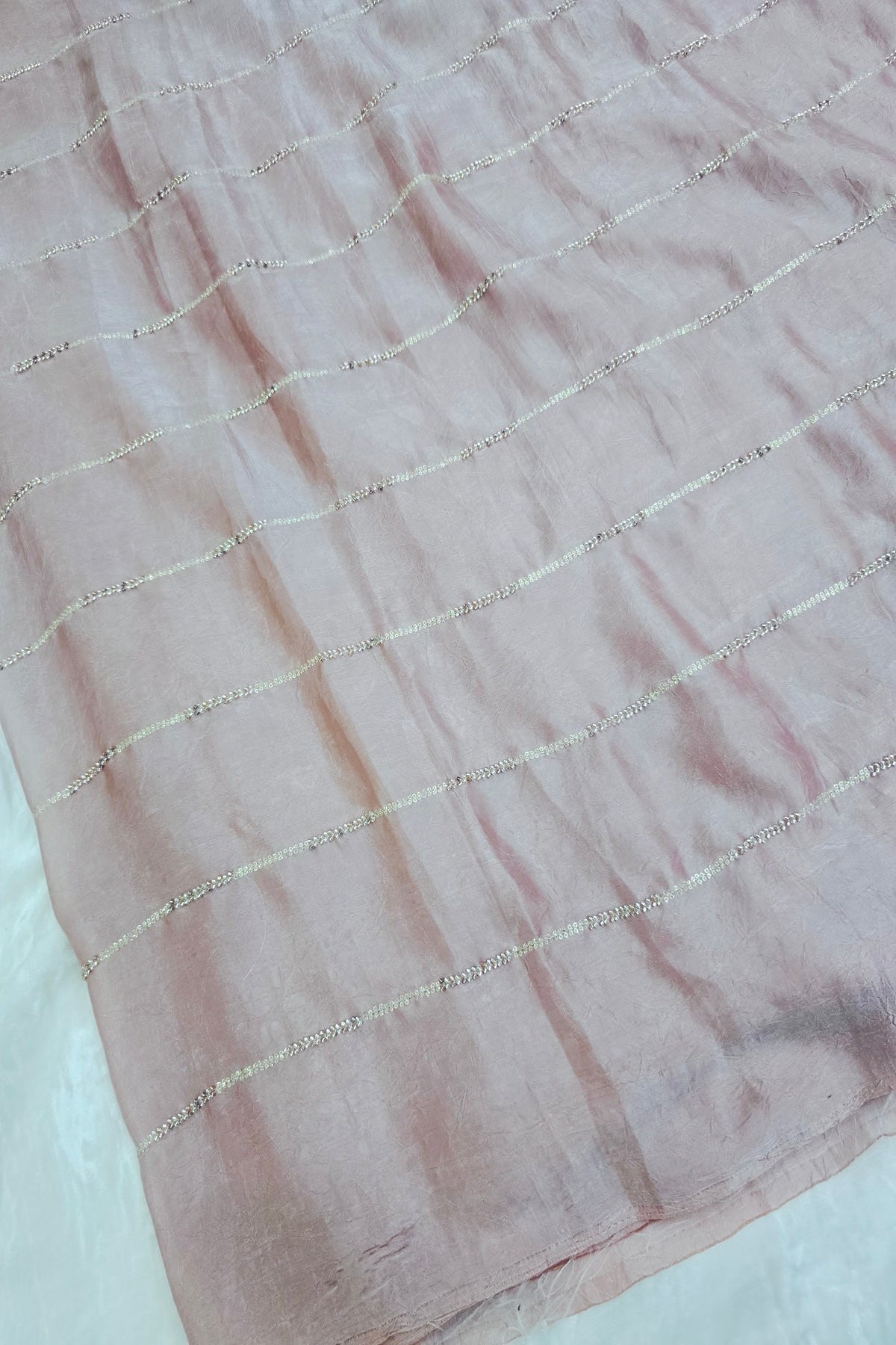 Cut Beads & Sequins Horizontal Lines Embroidered Space Silk Fabric