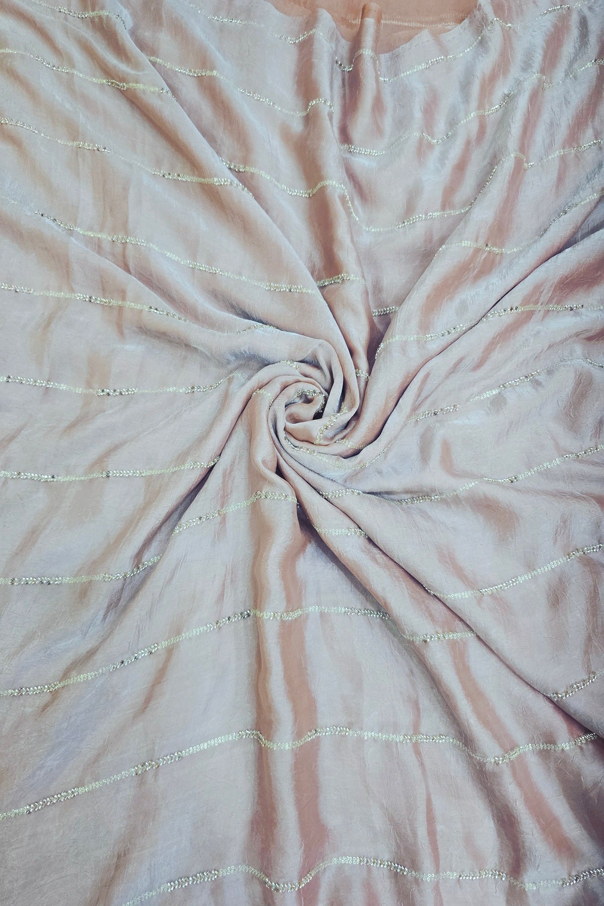 Cut Beads & Sequins Horizontal Lines Embroidered Space Silk Fabric