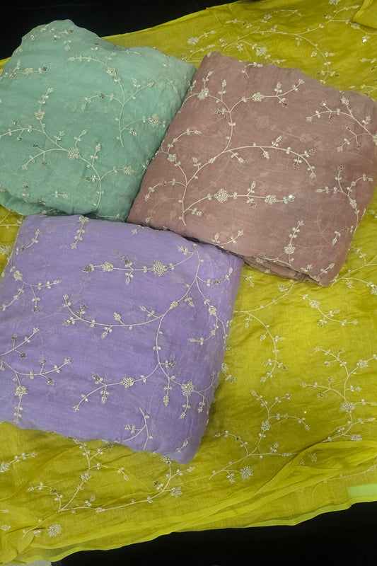 Pearls & Cutbeads Embroidered Floral Creeper Pure Mul Chanderi Fabric