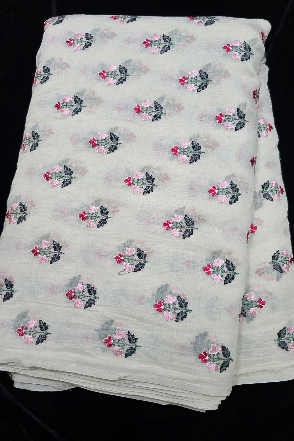 Trio Of Flowers Embroidered Pure Mul Chanderi Fabric