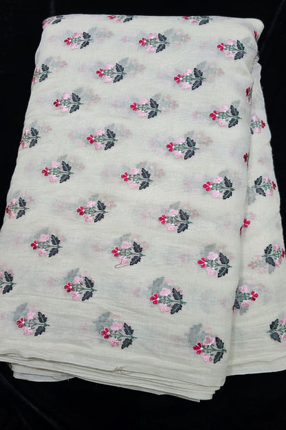 Trio Of Flowers Embroidered Pure Mul Chanderi Fabric