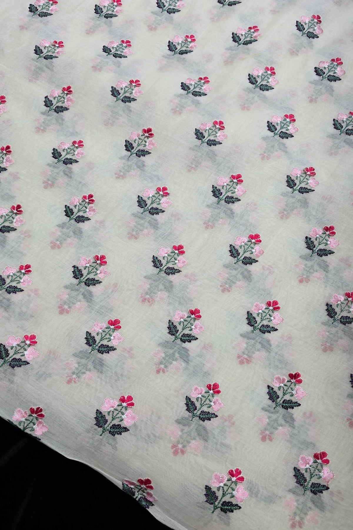 Trio Of Flowers Embroidered Pure Mul Chanderi Fabric