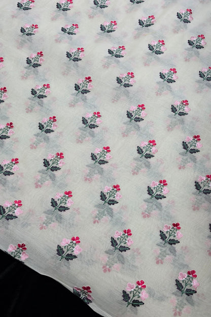 Trio Of Flowers Embroidered Pure Mul Chanderi Fabric