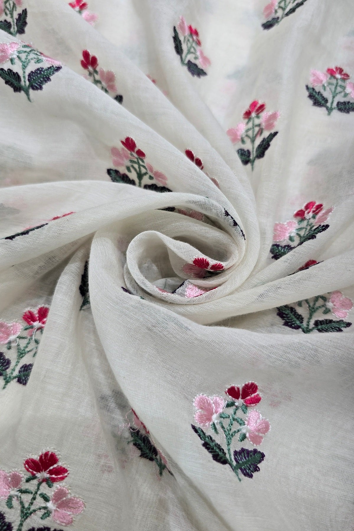 Trio Of Flowers Embroidered Pure Mul Chanderi Fabric