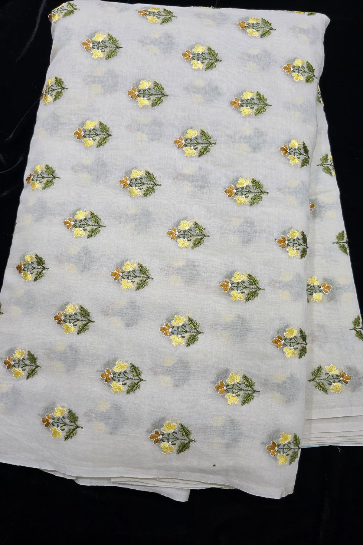 Trio Of Flowers Embroidered Pure Mul Chanderi Fabric