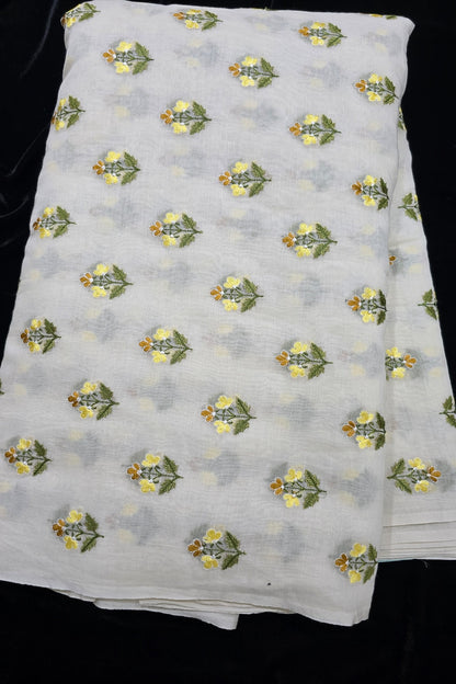 Trio Of Flowers Embroidered Pure Mul Chanderi Fabric