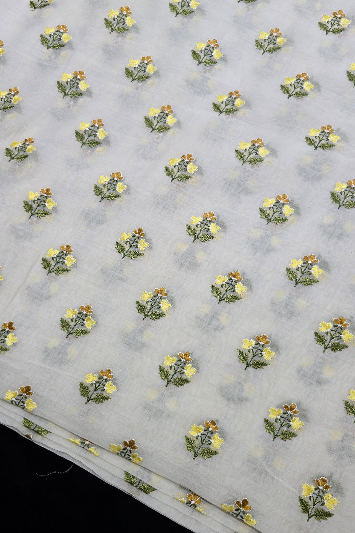 Trio Of Flowers Embroidered Pure Mul Chanderi Fabric