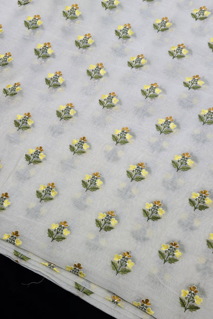 Trio Of Flowers Embroidered Pure Mul Chanderi Fabric