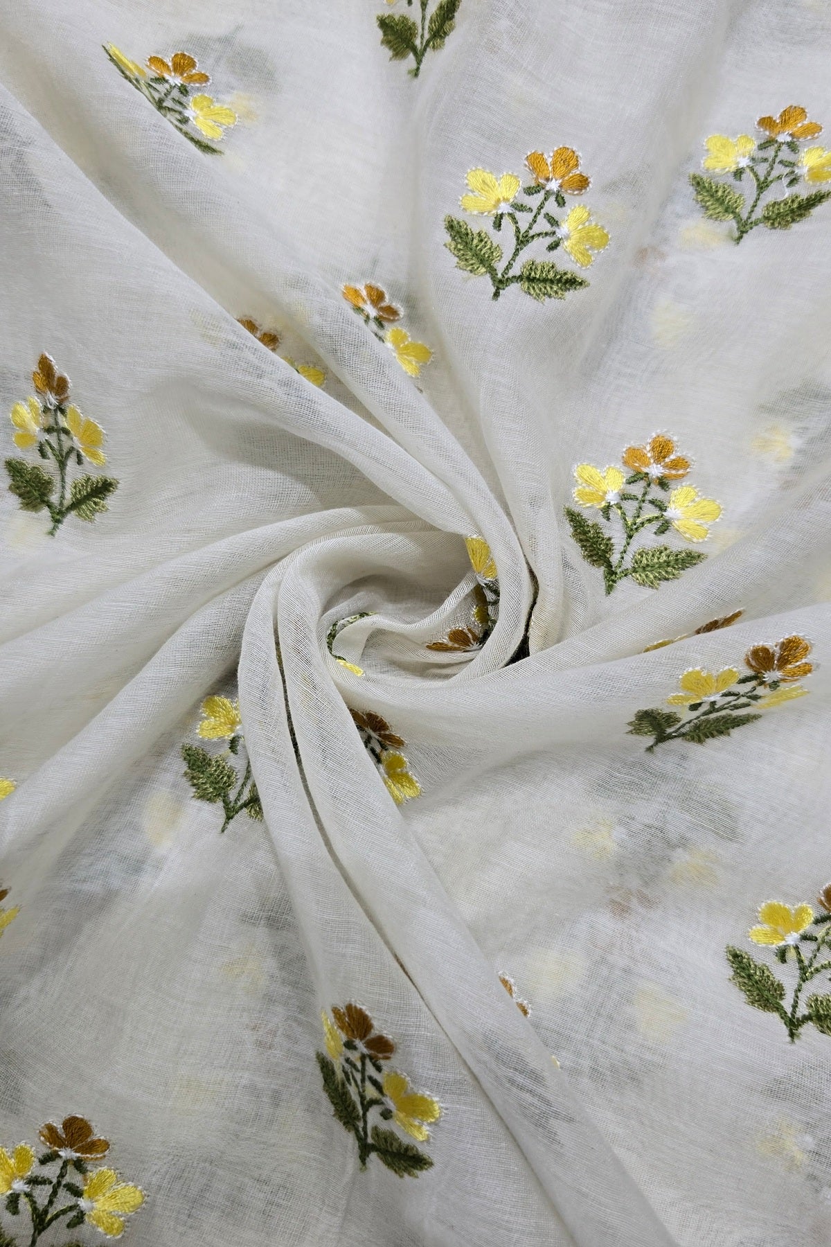 Trio Of Flowers Embroidered Pure Mul Chanderi Fabric
