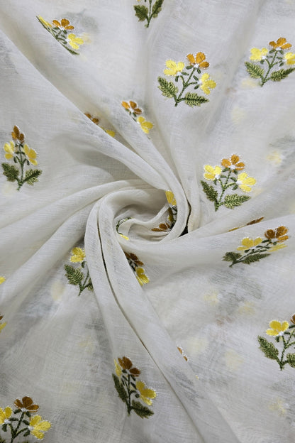 Trio Of Flowers Embroidered Pure Mul Chanderi Fabric