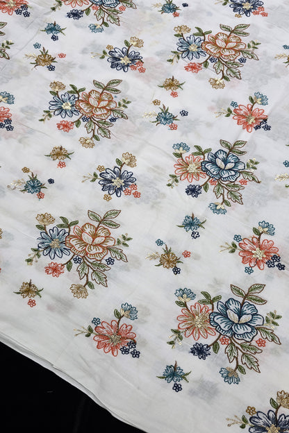 Floral Fete Multi Thread Embroidered Pure Kora Cotton Fabric