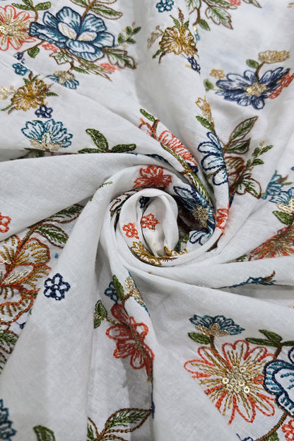 Floral Fete Multi Thread Embroidered Pure Kora Cotton Fabric