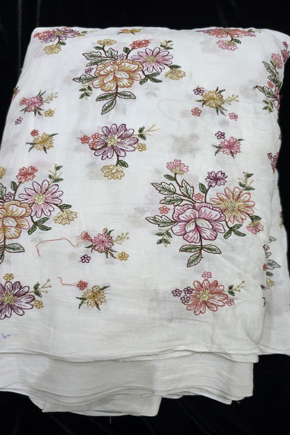 Floral Fete Multi Thread Embroidered Pure Kora Cotton Fabric