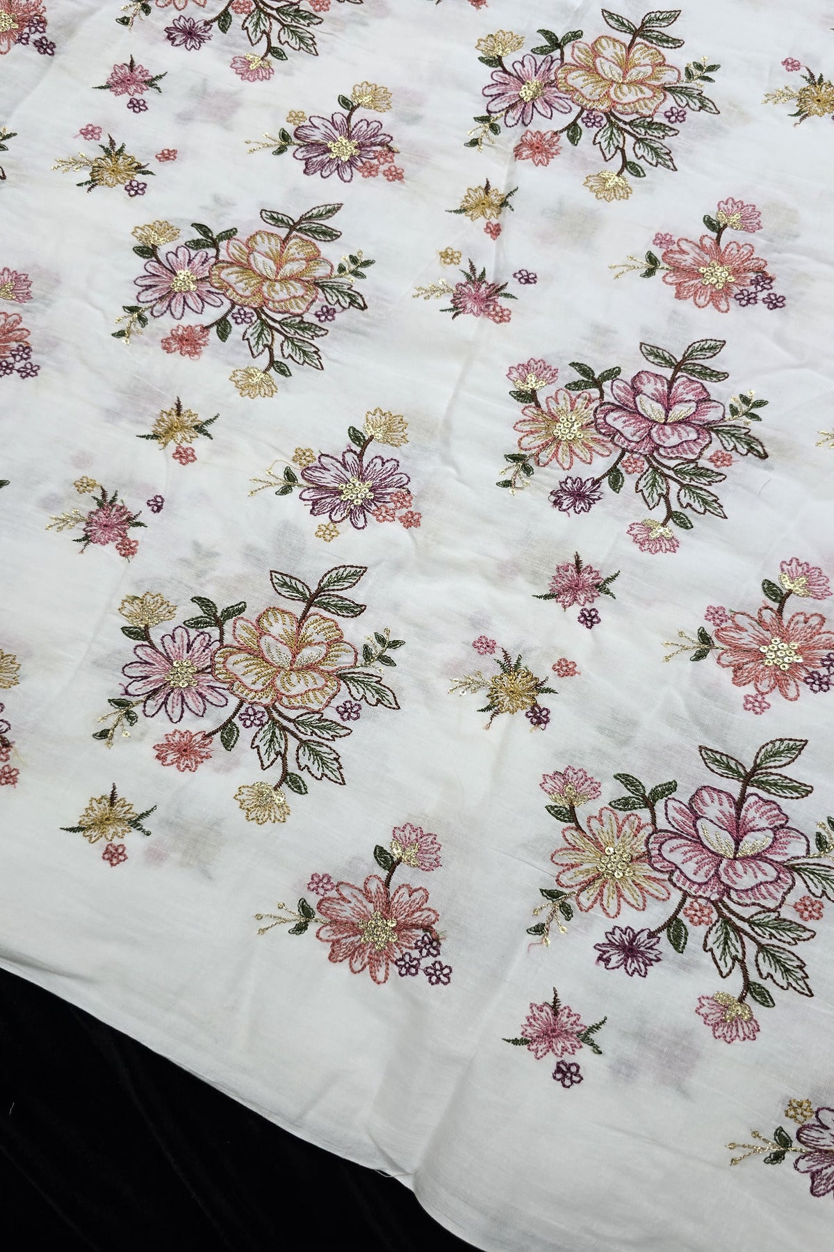Floral Fete Multi Thread Embroidered Pure Kora Cotton Fabric