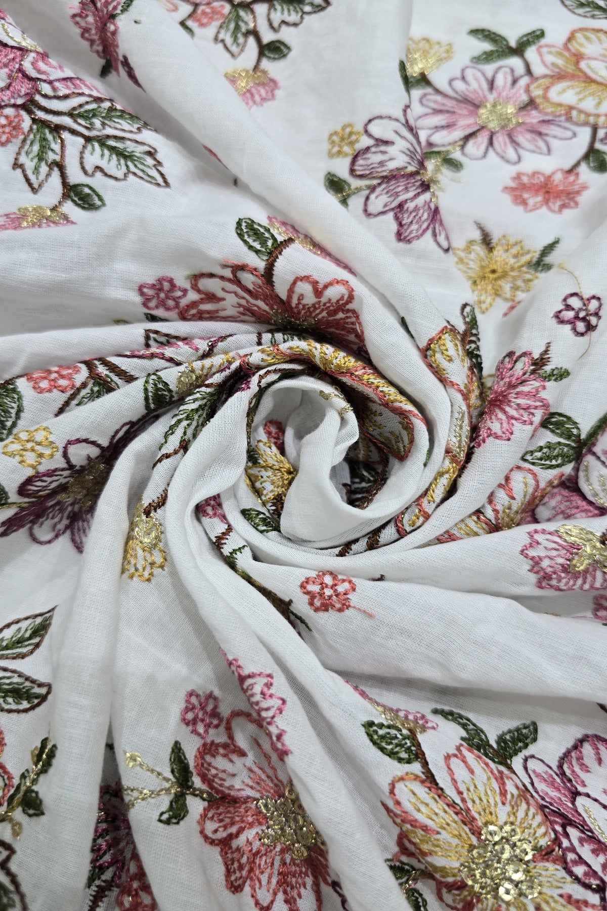 Floral Fete Multi Thread Embroidered Pure Kora Cotton Fabric