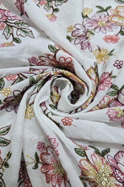 Floral Fete Multi Thread Embroidered Pure Kora Cotton Fabric