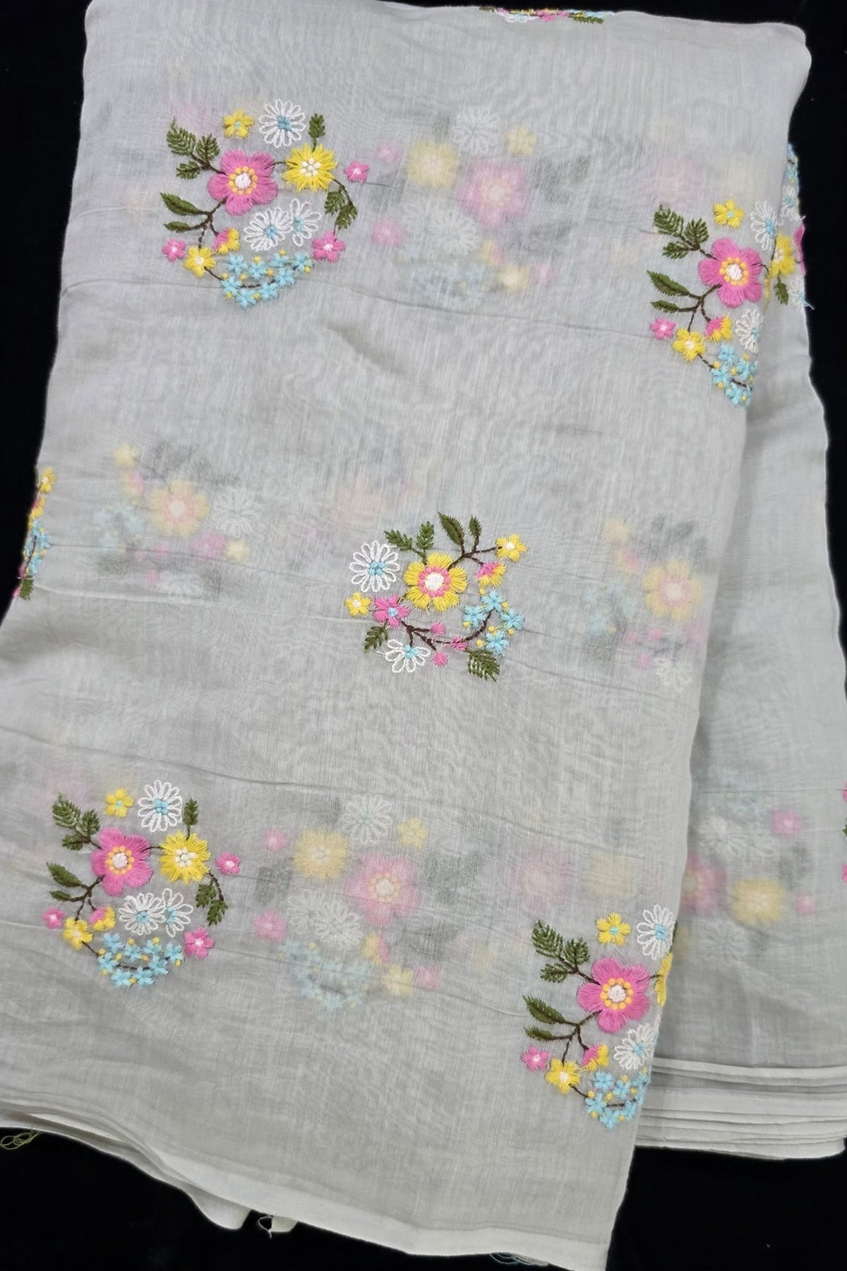 Petite Floral Bunches Embroidered Pure Mul Chanderi Fabric