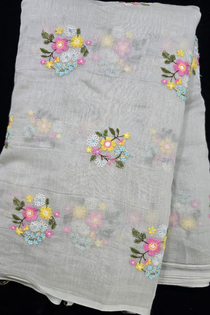 Petite Floral Bunches Embroidered Pure Mul Chanderi Fabric