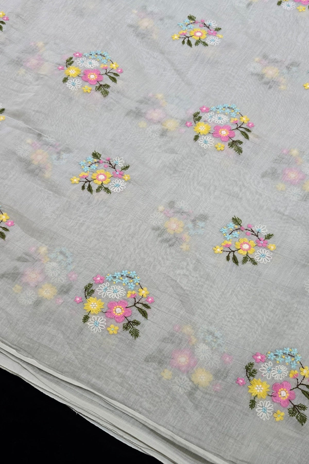 Petite Floral Bunches Embroidered Pure Mul Chanderi Fabric