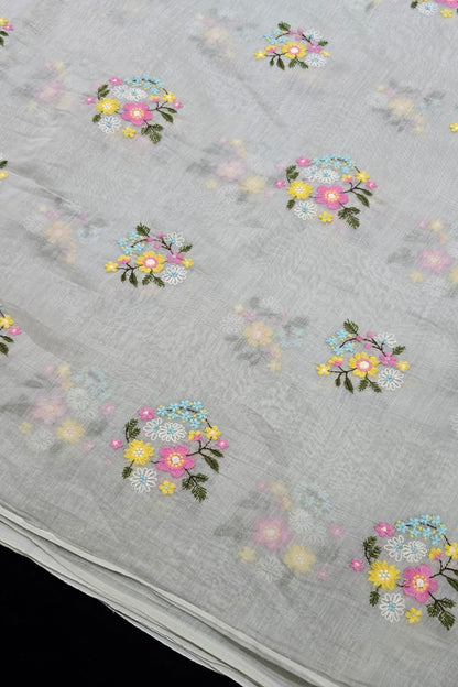 Petite Floral Bunches Embroidered Pure Mul Chanderi Fabric
