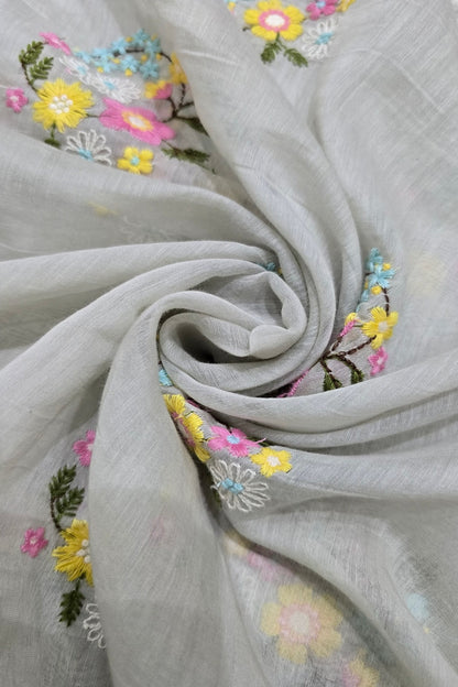 Petite Floral Bunches Embroidered Pure Mul Chanderi Fabric