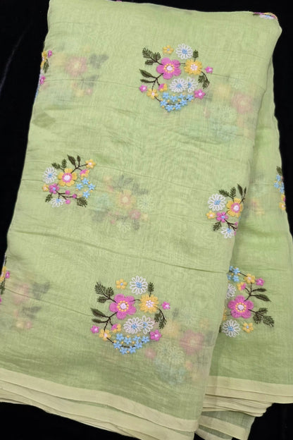 Petite Floral Bunches Embroidered Pure Mul Chanderi Fabric