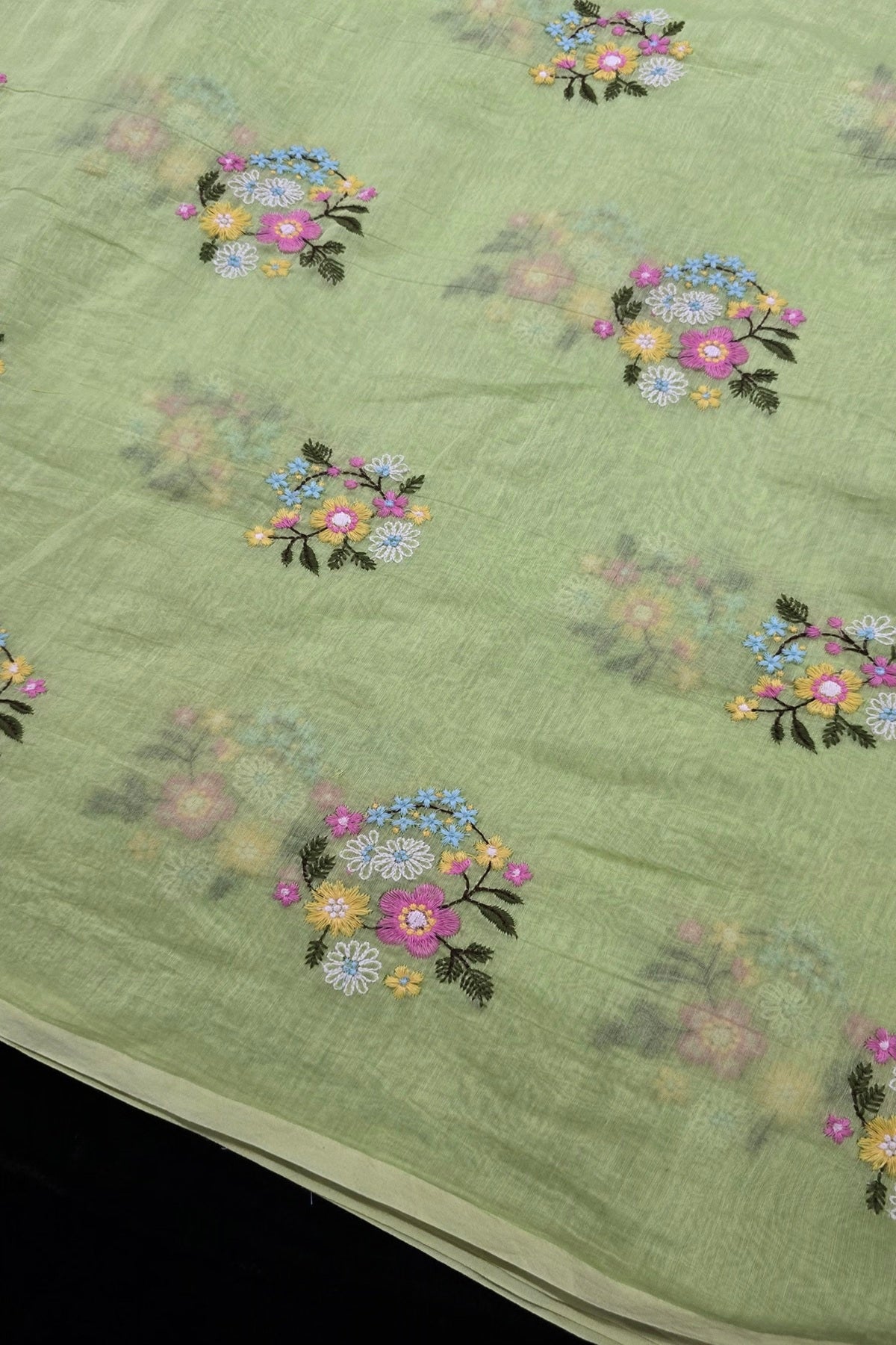 Petite Floral Bunches Embroidered Pure Mul Chanderi Fabric