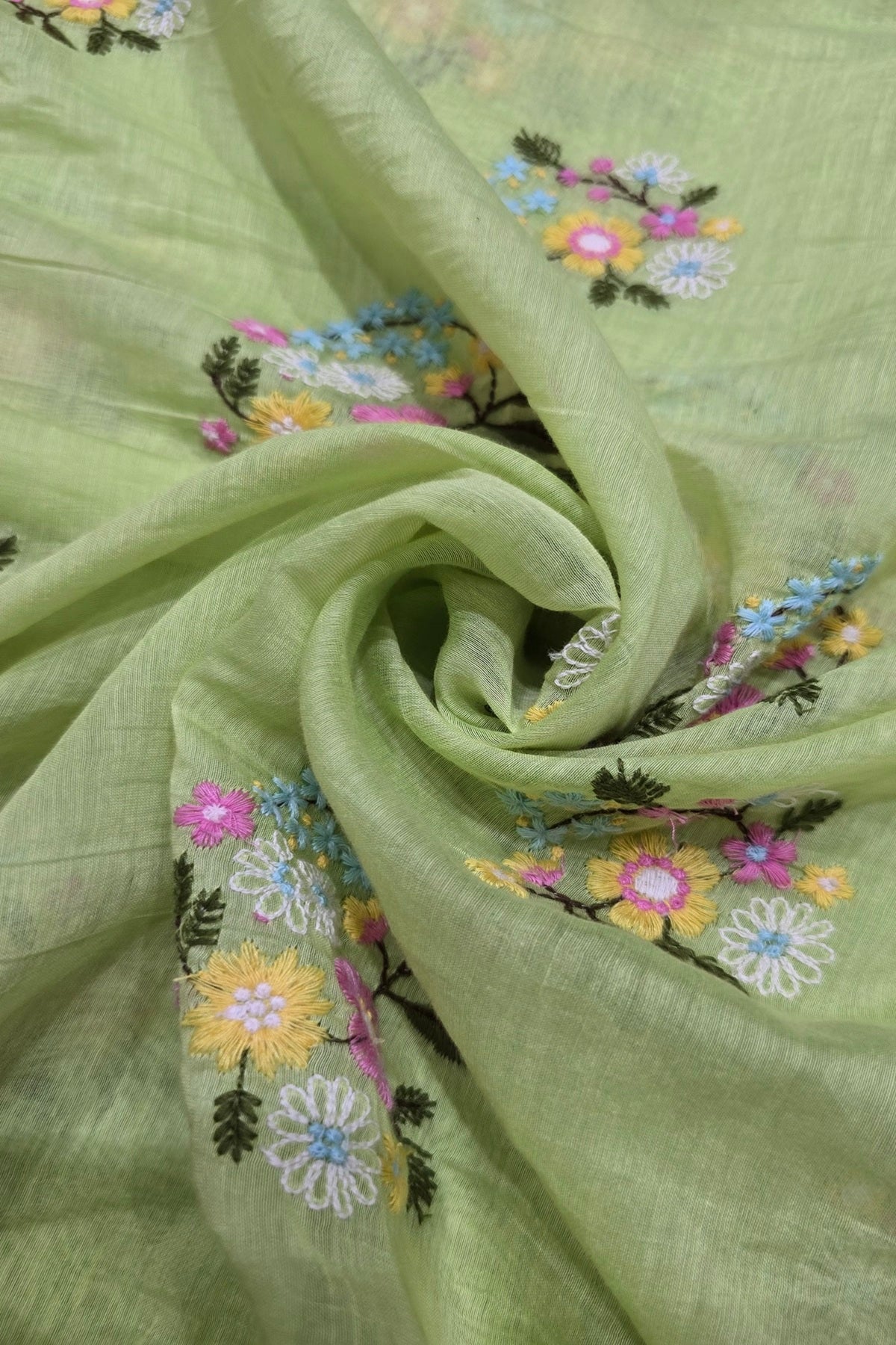 Petite Floral Bunches Embroidered Pure Mul Chanderi Fabric