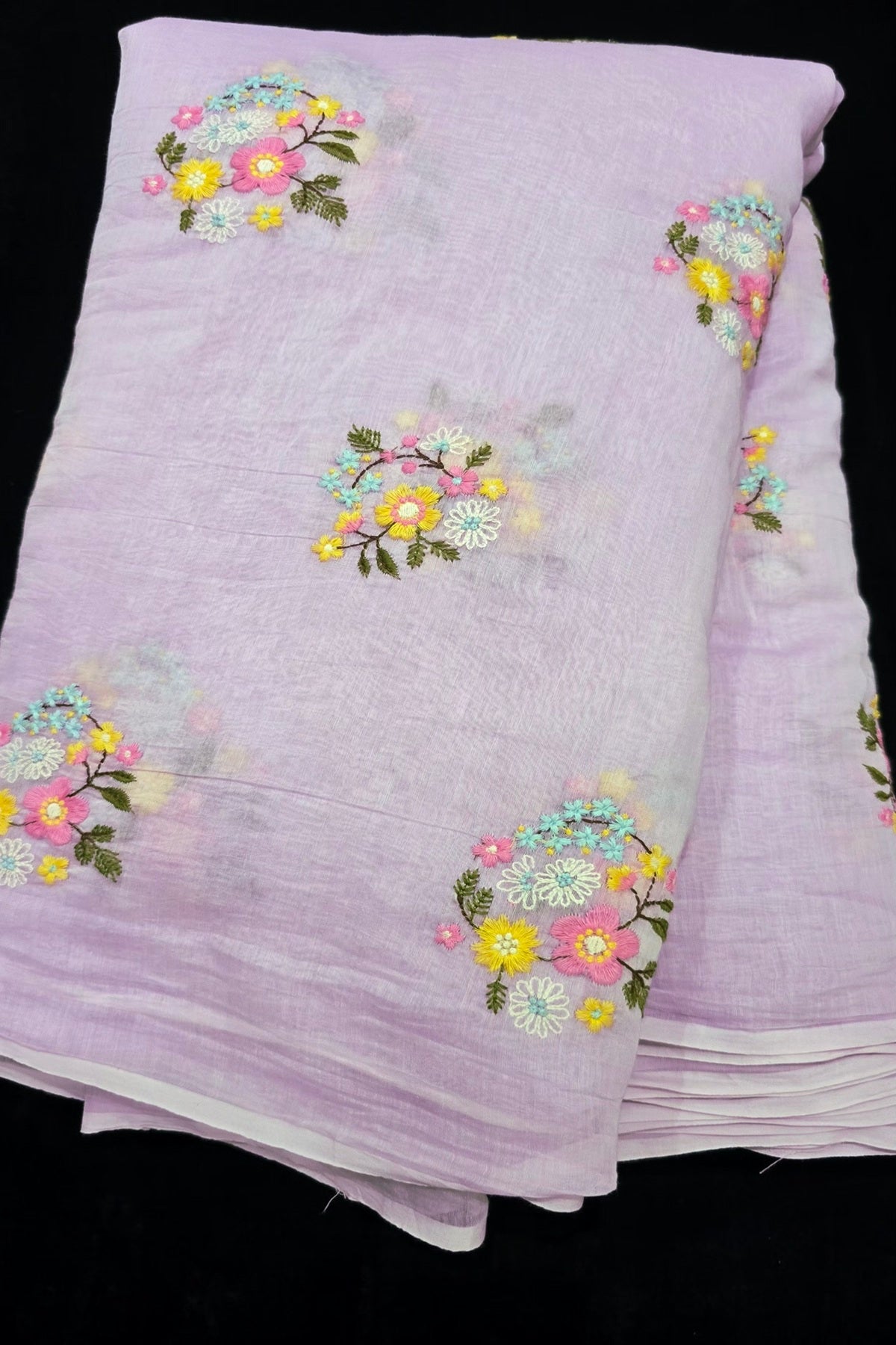 Petite Floral Bunches Embroidered Pure Mul Chanderi Fabric