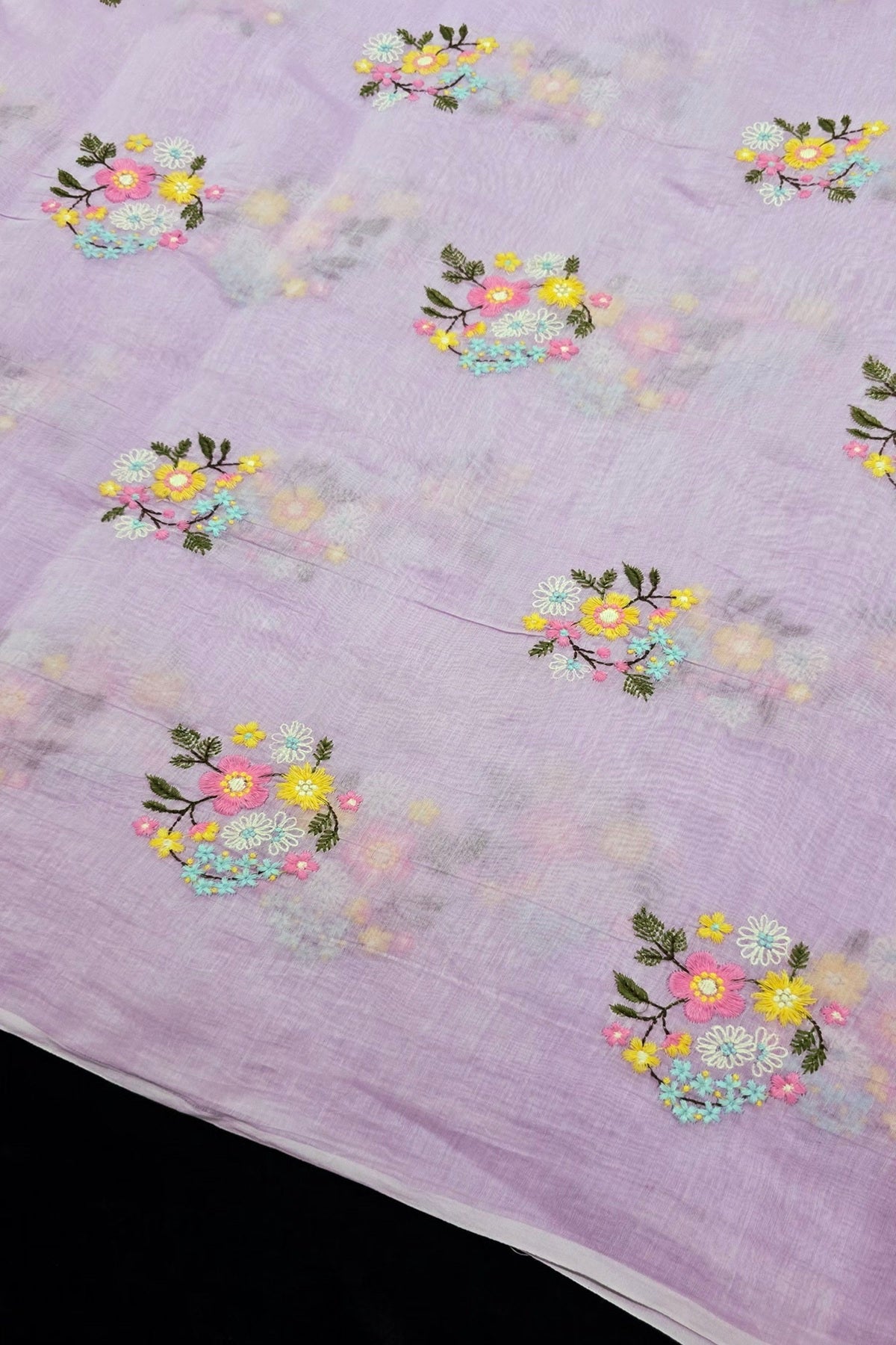 Petite Floral Bunches Embroidered Pure Mul Chanderi Fabric