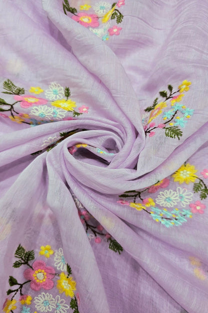 Petite Floral Bunches Embroidered Pure Mul Chanderi Fabric